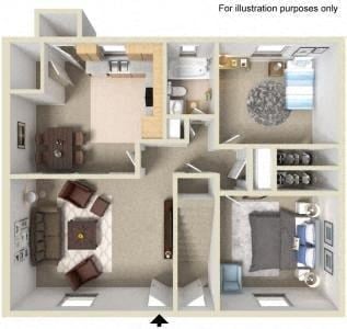 Floor plan for 2 beds, 1 bath, 812 sqft